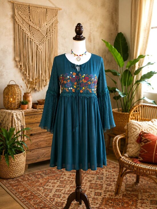 Altar'd State Dresses & Skirts - Altar'd State Brand Dress. Teal Green Floral Embroidered Swiss Dot. Size Small